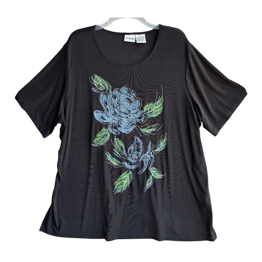Liz Baker Top 2X Black Floral Print Womens Plus Stretch Knit Casual Pullover